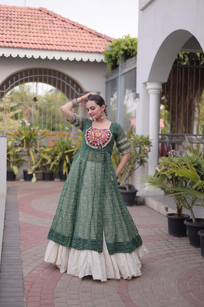 RangBhoomi Navratri 2026 Bandhani Lehenga Set — Full-Stitched Kora Cotton Lehenga with Faux Georgette Kurti