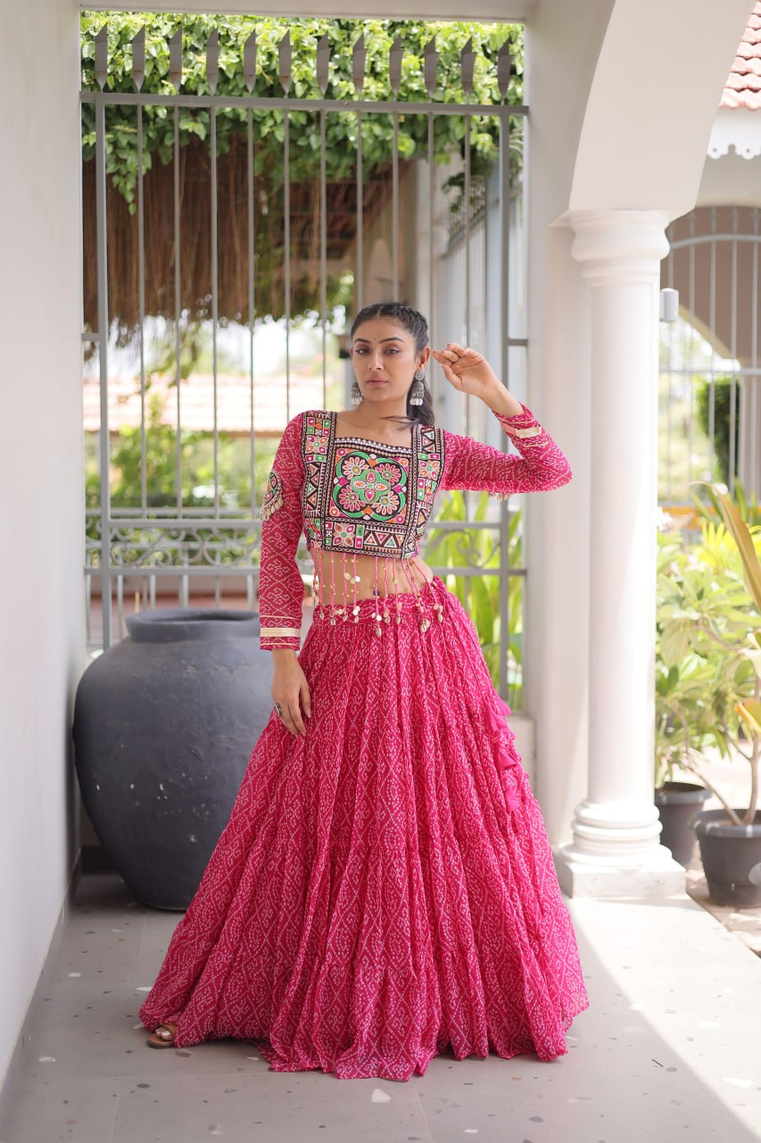 RangBhoomi Bandhni Faux Georgette Full-Stitched Lehenga Set with Designer Square Neck Blouse