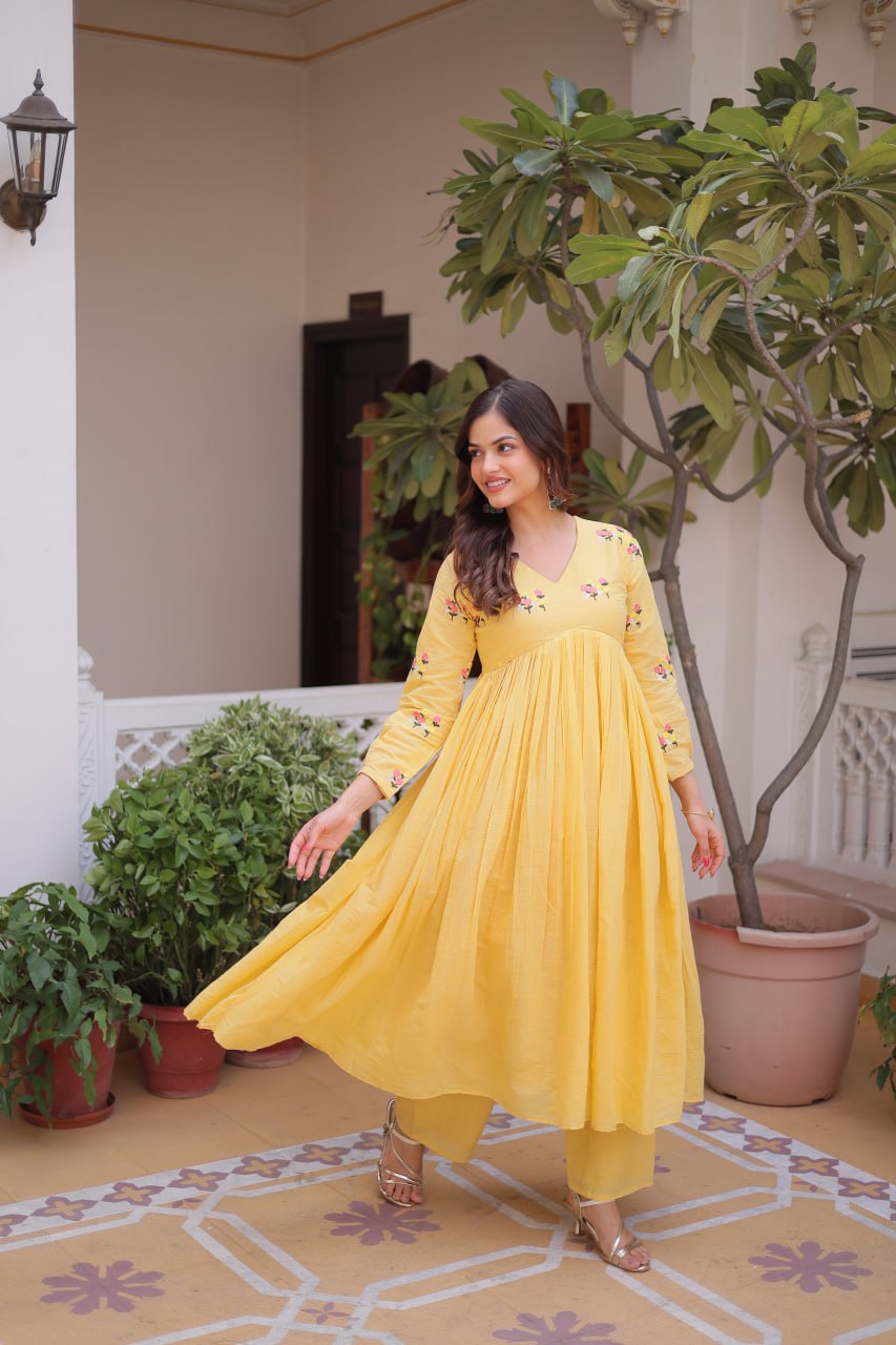 Premium Ready-to-Wear Embroidered Cotton Kurti with Matching Cotton Pants