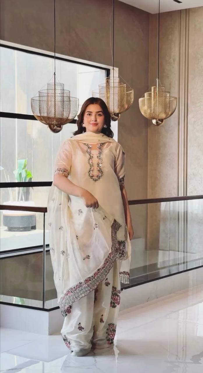 Exclusive Designer Party Wear Pure Fendi Silk Top with Farshi Palazzo and Elegant Dupatta Set
