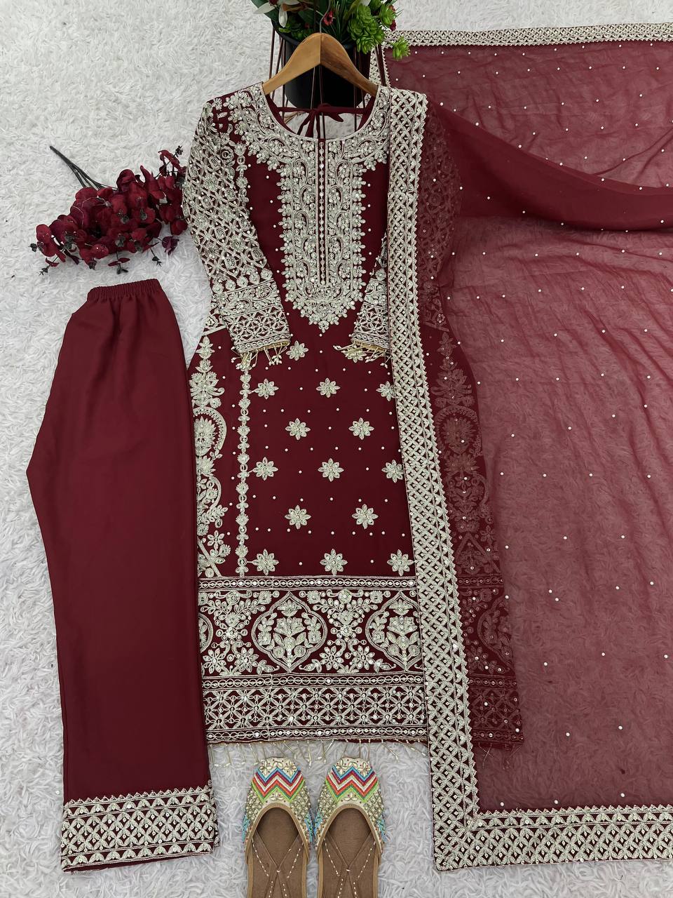 New Collection Faux Georgette Ensemble with Intricate Heavy Embroidery, Sequin Detailing, and Fully Stitched Ready-to-Wear Top, Bottom, and Dupatta Set