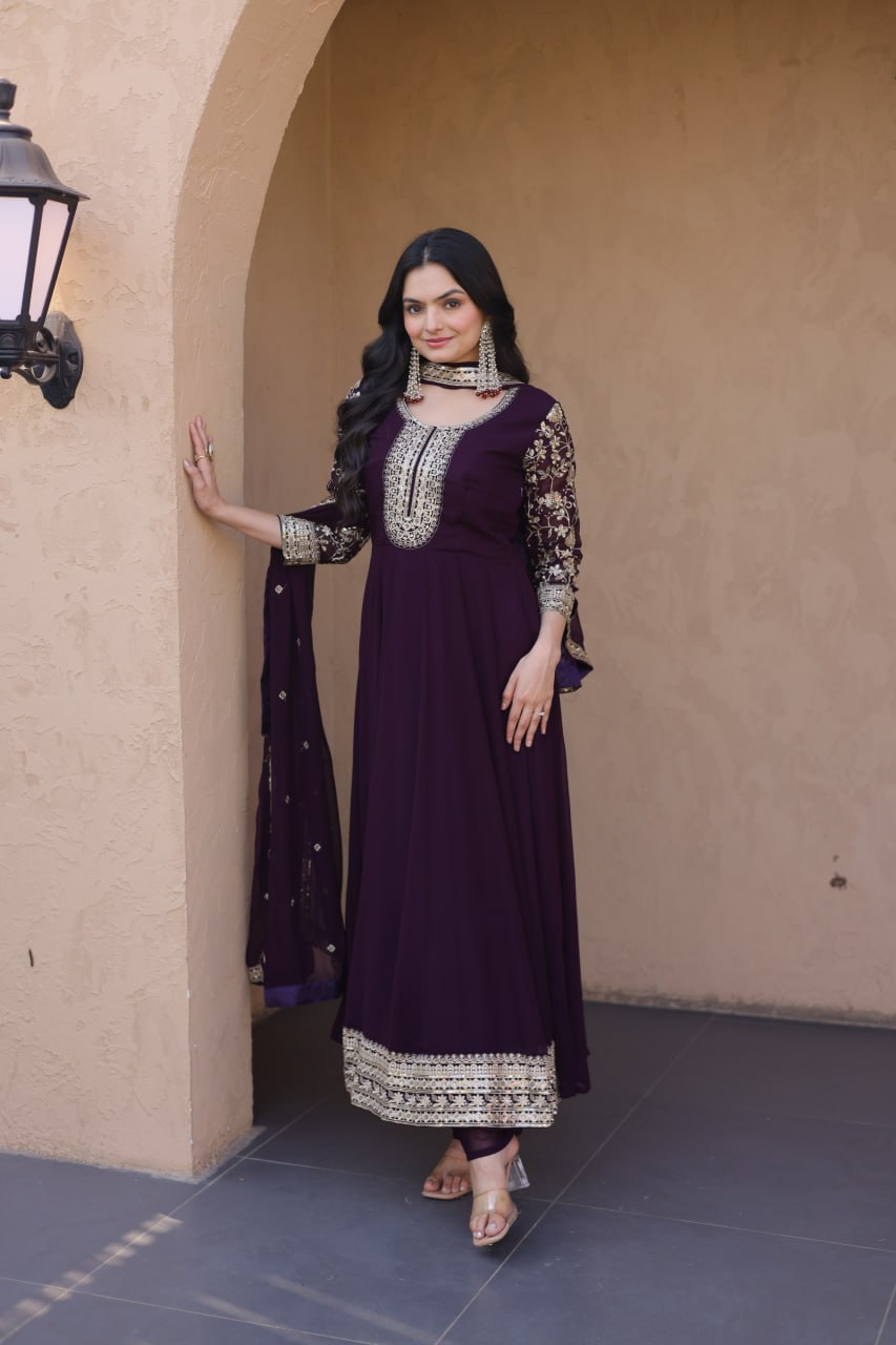 RangBhoomi Premium Readymade Gown Set with Pant & Dupatta - Faux Blooming Embroidered