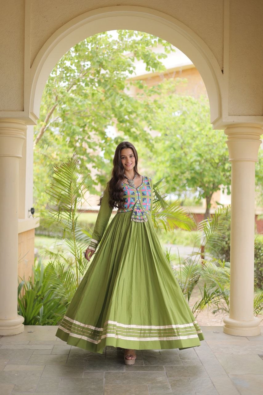 RangBhoomi Navratri Embroidered Kora Cotton Gown — Parrot & Off-White