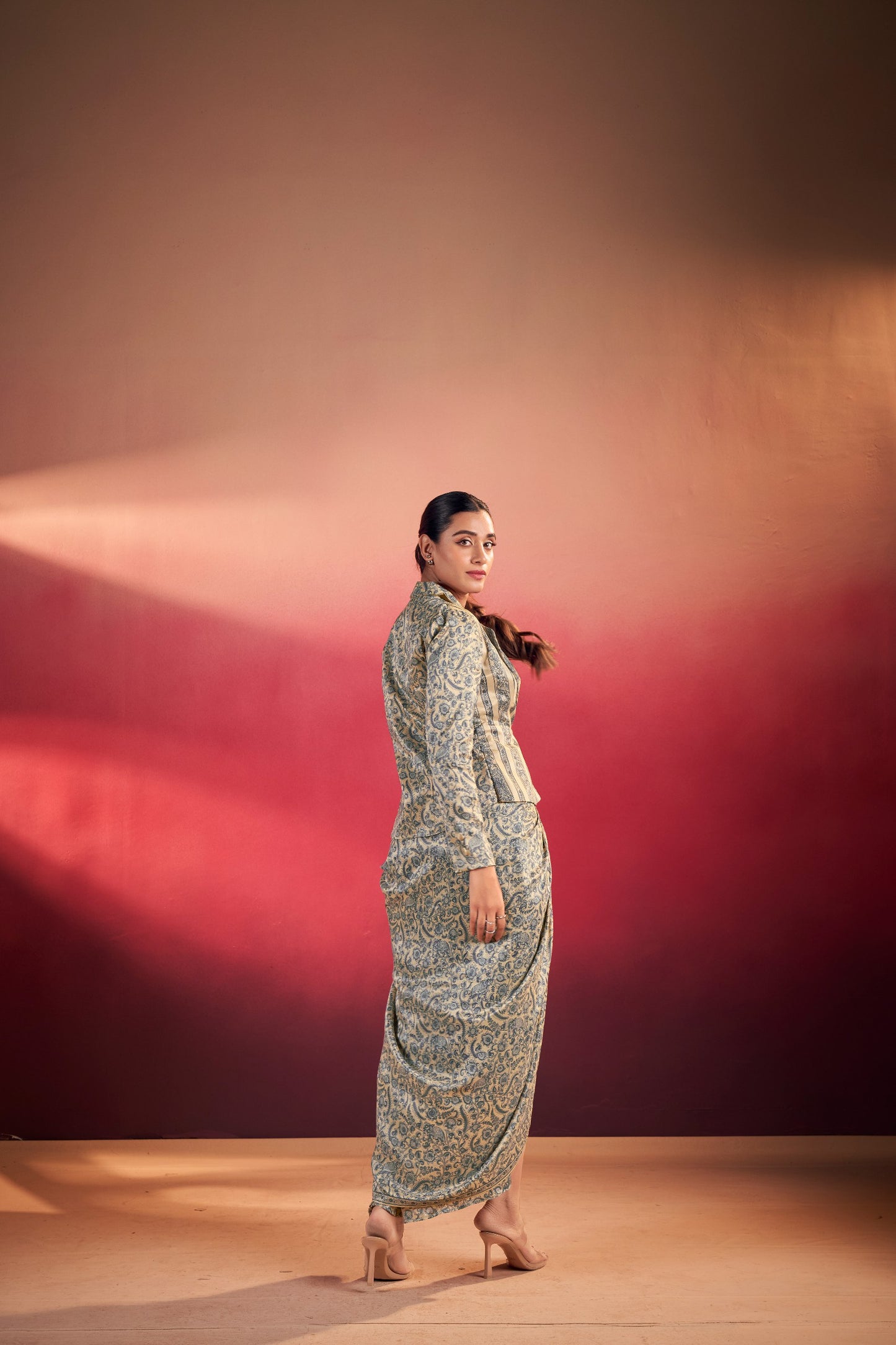 Elegant Tasar Silk Ensemble with Flowing Silhouettes and Artistic Prints for Festive Charm and Modern Style
