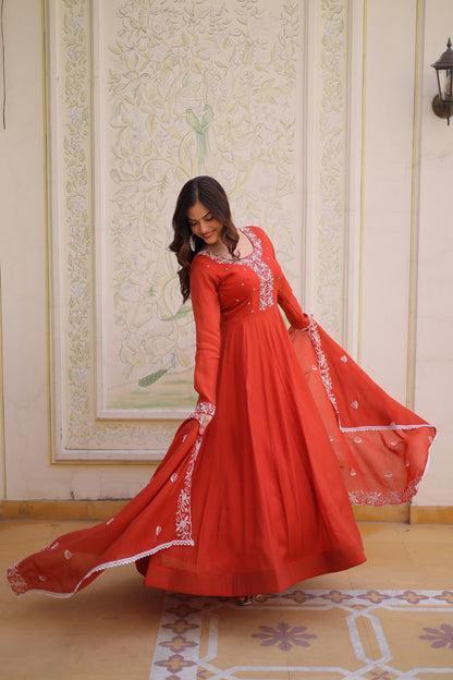 Elegant Mal Chanderi Gown and Dupatta Set with Bead Embroidery and Designer Cutwork Lace Border