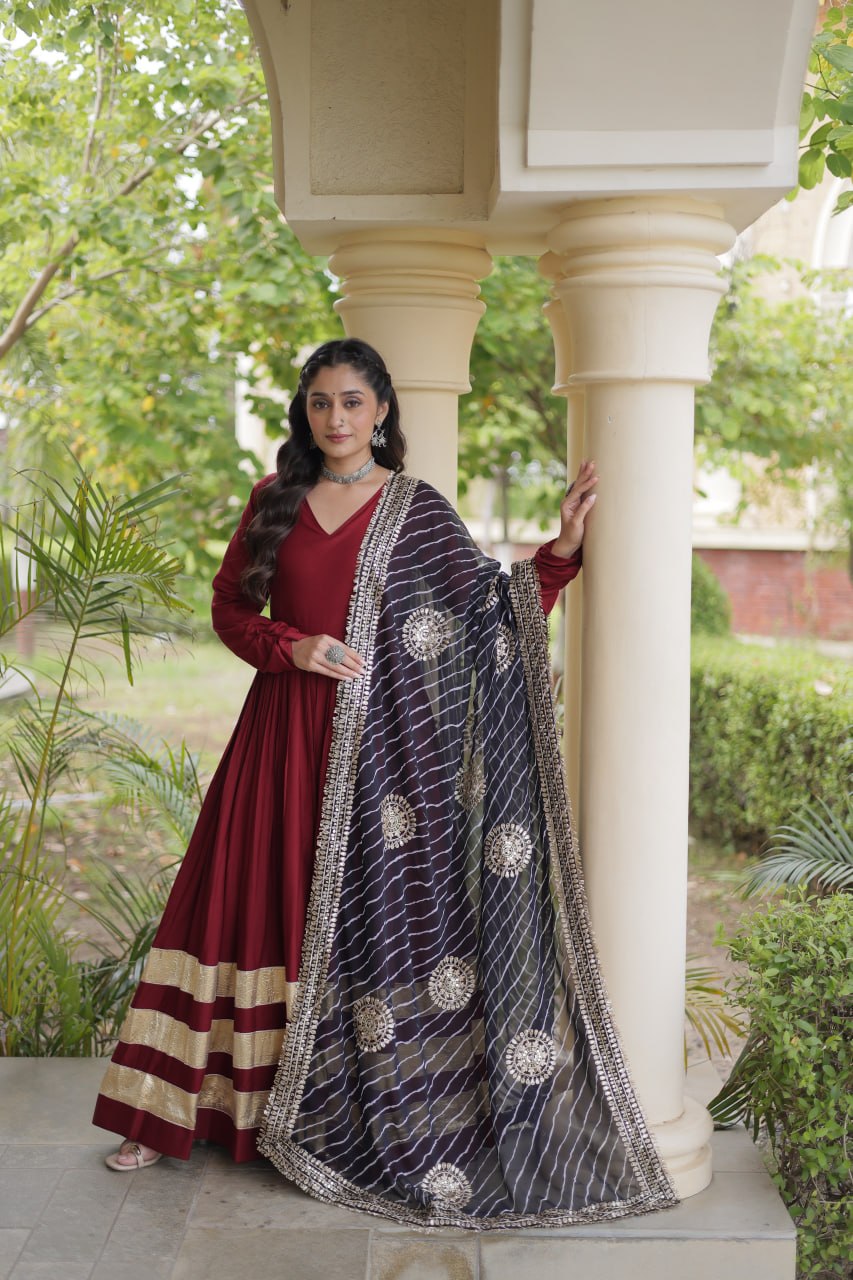 RangBhoomi Navratri Gown & Dupatta Collection 2026 – Full-Sleeve V-Neck Reyon Gown with Georgette Dupatta