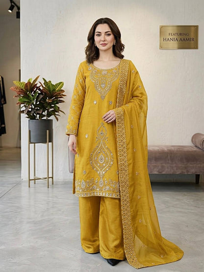 Elegant Designer Party Wear Top, Palazzos, and Dupatta Set with Intricate Heavy Embroidery and Beaded Detailing