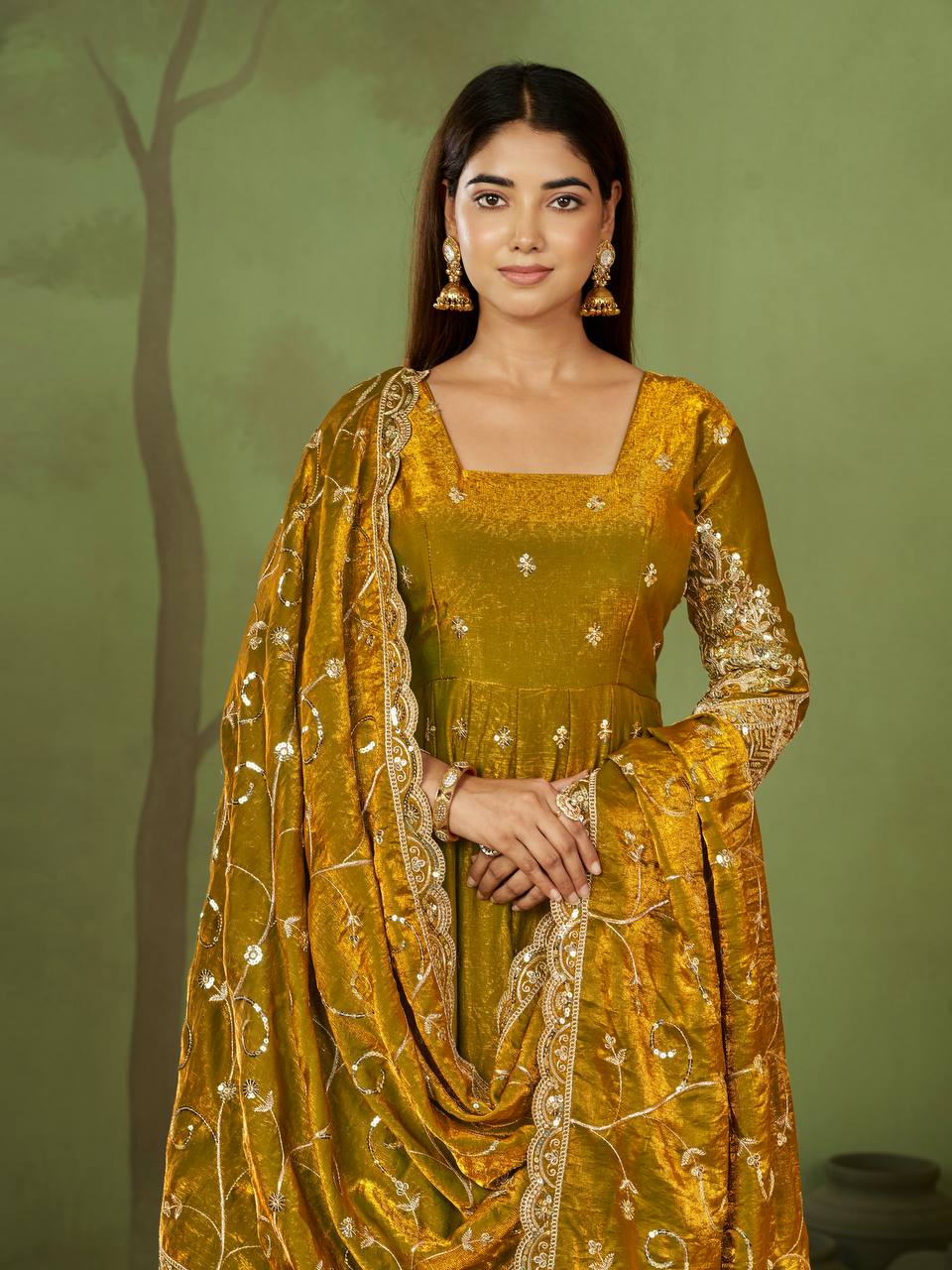 RangBhoomi Designer Party Wear Gown Set — 10 Colors, Heavy Jelly Shimmer Silk, Fully Stitched Embroidered Gown with Dupatta & Micro-Cotton Pant