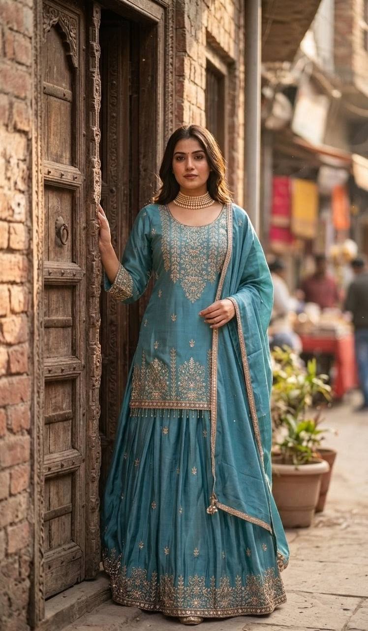 RangBhoomi Cinon Silk Embroidered Top, Lehenga & Dupatta Set - Elegant Festive Ensemble