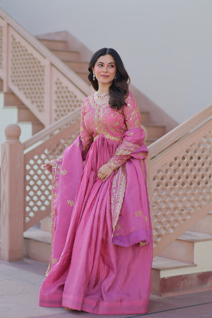 Trending Gold Gown: Crush Fabric, Embroidered Dupatta