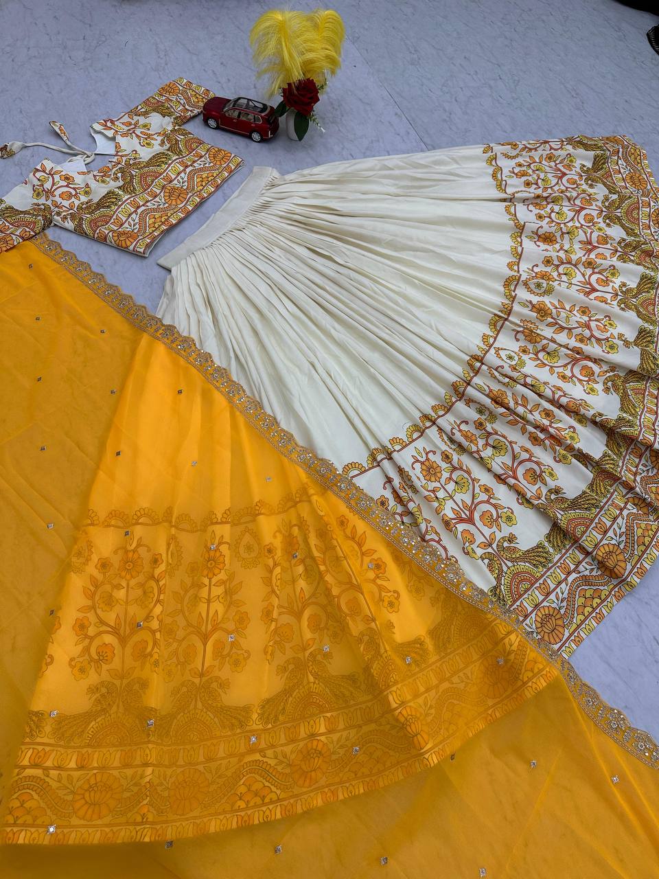 Full view of Kalamkari lehenga choli with intricate border design.