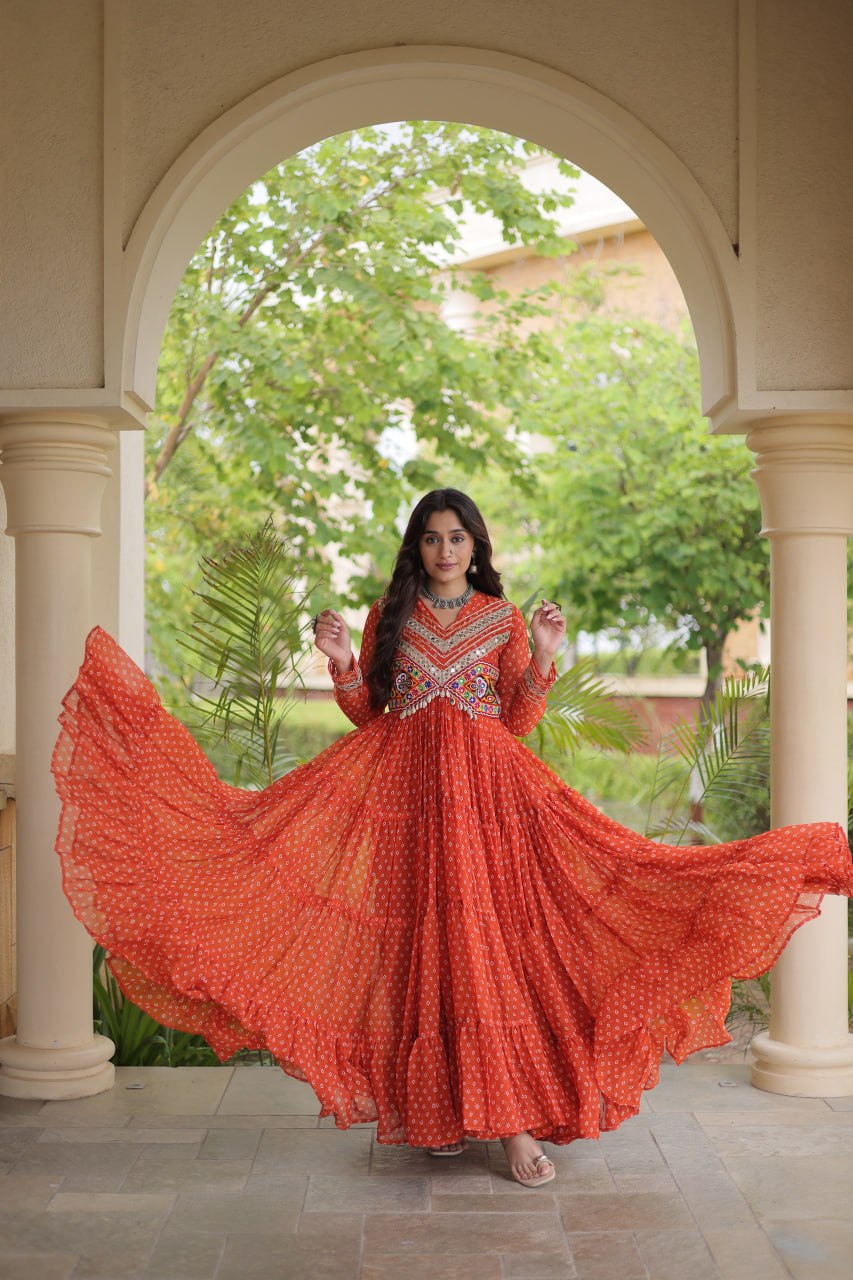 RangBhoomi Bandhani & Kutchi Patchwork Faux Georgette Gown — Navratri Special