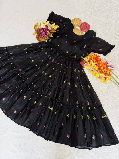 RangBhoomi Summer Floral Embroidered Kota Checks Midi Gown - Soft Kota, Micro Cotton Lining