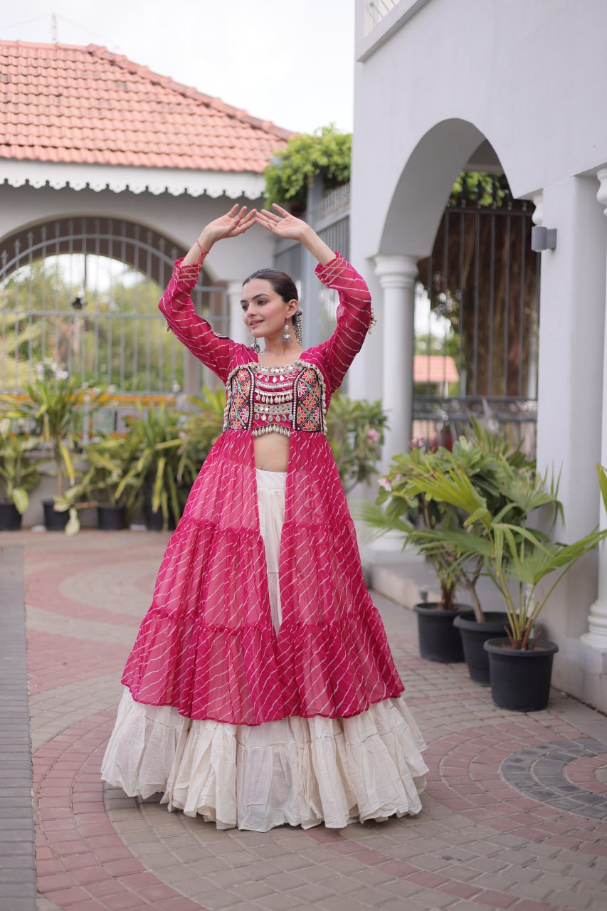 RangBhoomi Kora Cotton Lehenga & Faux Georgette Kurti Set - Full-Stitched, Frilled Lehenga, Laheriya Print Kurti