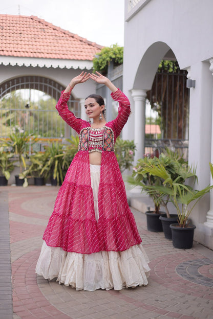 RangBhoomi Kora Cotton Lehenga & Faux Georgette Kurti Set - Full-Stitched, Frilled Lehenga, Laheriya Print Kurti