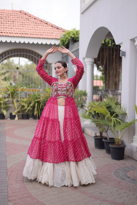 RangBhoomi Kora Cotton Lehenga & Faux Georgette Kurti Set - Full-Stitched, Frilled Lehenga, Laheriya Print Kurti