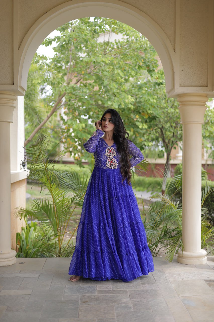 RangBhoomi Navratri Gown 2026 – Laheriya Print with Kutchi Patchwork, Faux Georgette Lined Cotton, Full Sleeve, 56 Inch Length