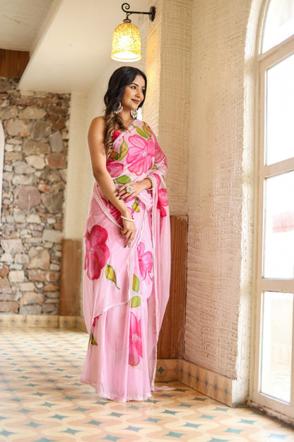 Ready To Wear Pink Floral Saree - Georgette Fabric