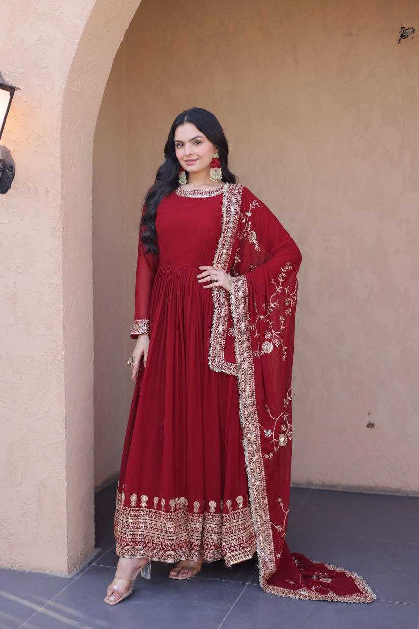 RangBhoomi Premium Maroon Embroidered Faux Blooming Ready‑Made Gown with Dupatta