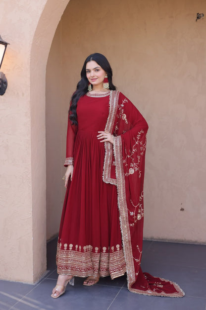 RangBhoomi Premium Maroon Embroidered Faux Blooming Ready‑Made Gown with Dupatta