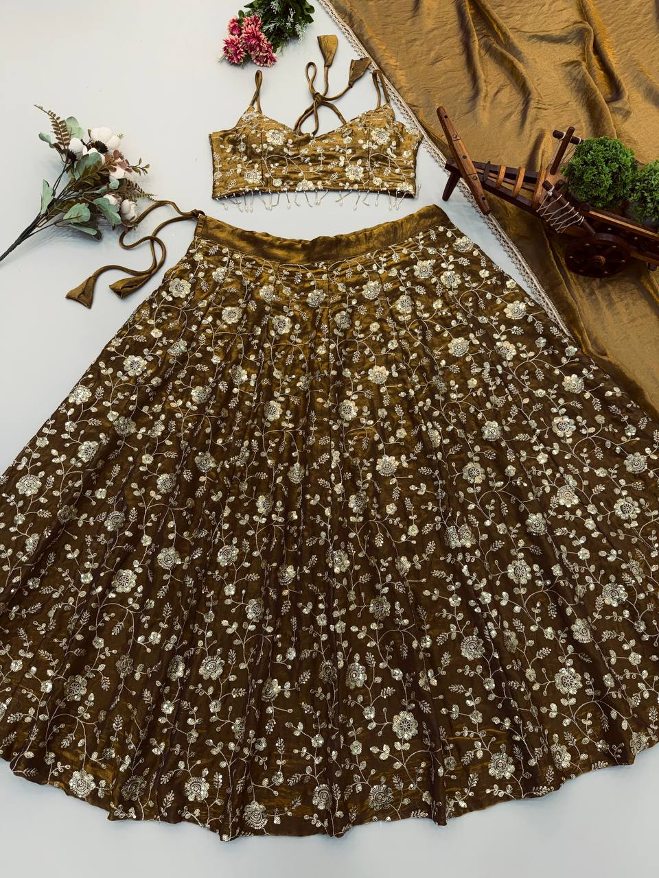 Elegant 3mm Embroidered Sequence Lehenga Three-Piece Set — RangBhoomi