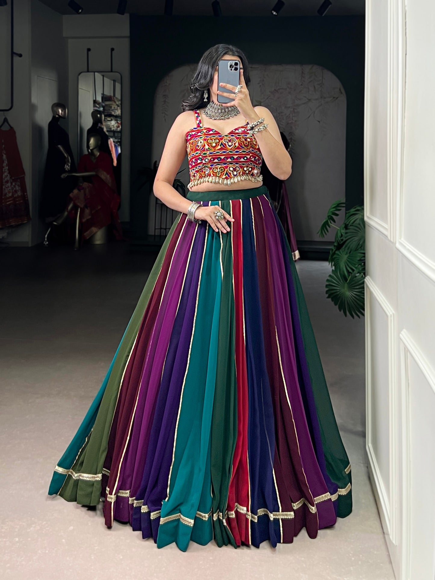 RangBhoomi Multicolor Garba Lehenga Set — Mirror-Embellished Blouse & Flared Georgette Skirt