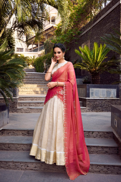 Elegant Golden Jacquard Lehenga Set with Zari Weaving and Sequined Shimmer Dupatta