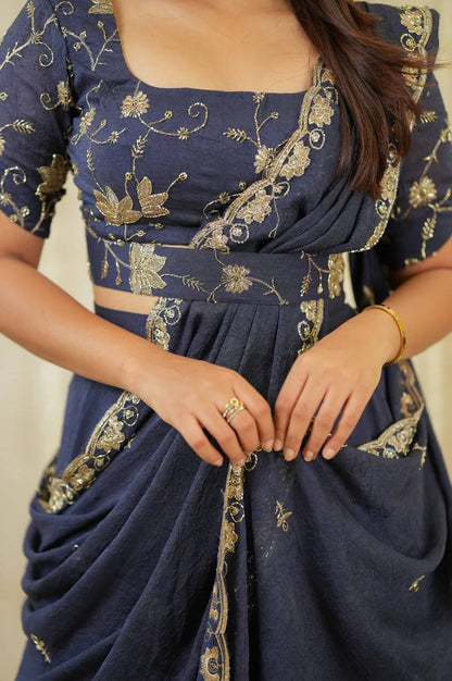 Twilight Blue RangBhoomi Crush Silk Lehenga Set