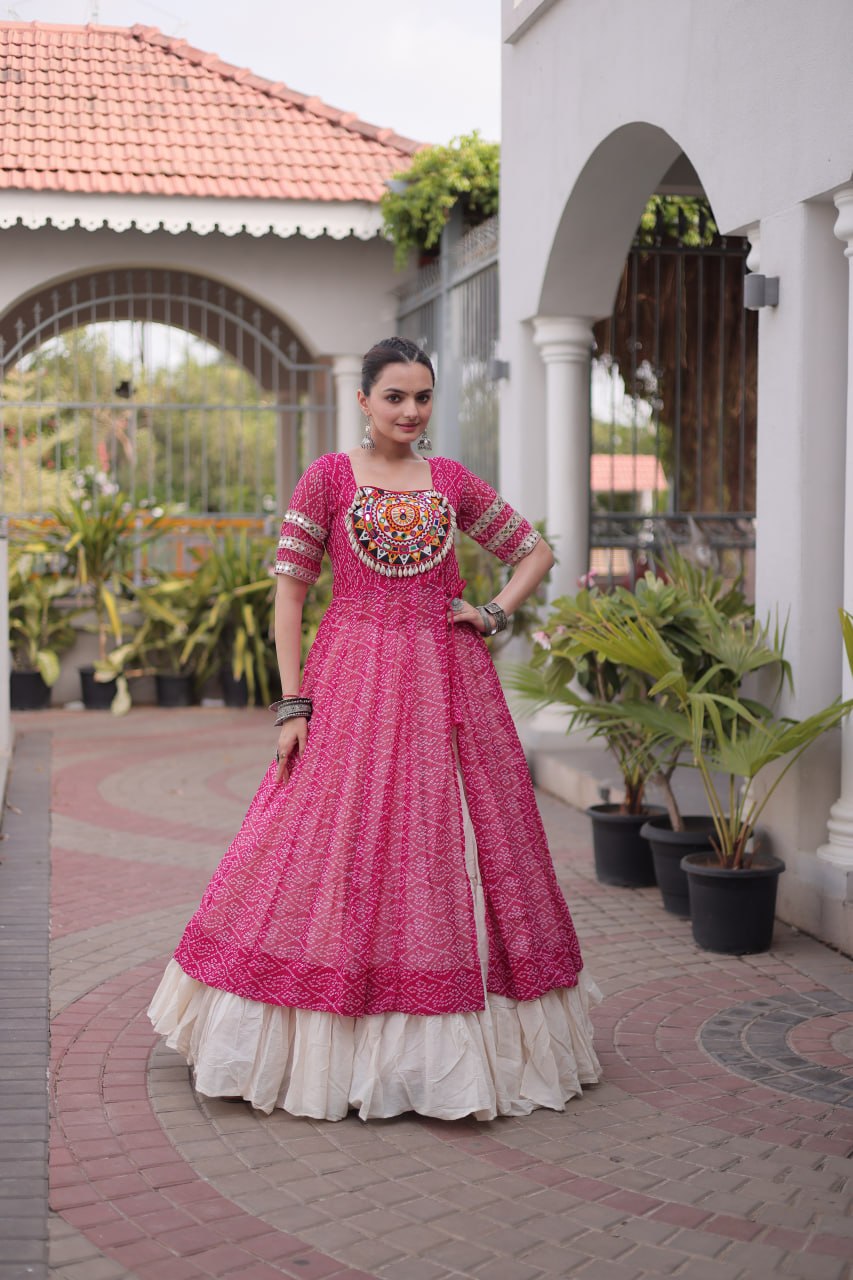 RangBhoomi Navratri 2026 Bandhani Lehenga Set — Full-Stitched Kora Cotton Lehenga with Faux Georgette Kurti