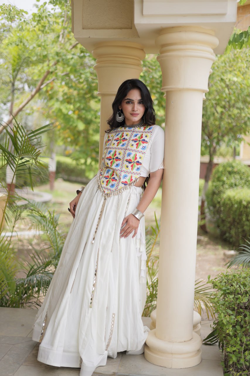 RangBhoomi Navratri Reflective Rayon Lehenga Set with Mirror & Gota Lace (Black, Maroon, White)