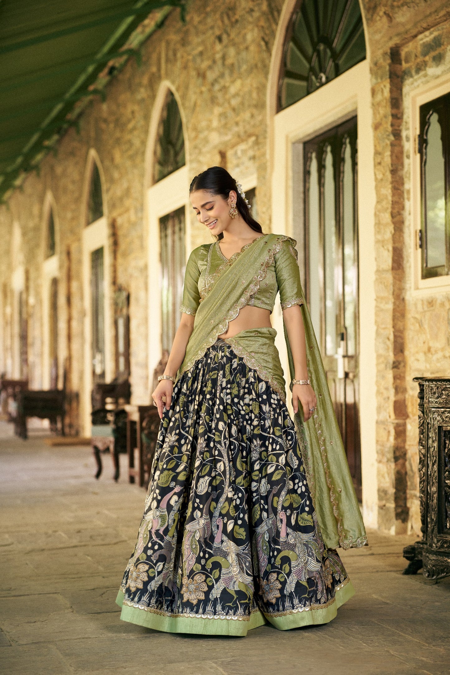Elegant Kalamkari Silk Lehenga Set with Embroidered Dupatta for Festive and Traditional Occasions