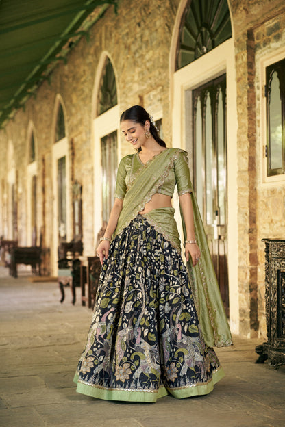Elegant Kalamkari Silk Lehenga Set with Embroidered Dupatta for Festive and Traditional Occasions