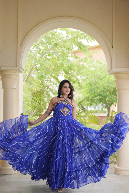 RangBhoomi Navratri Laheriya Patchwork Faux Georgette Gown - Sleeveless 56" Length, L (Adjustable 38-44)