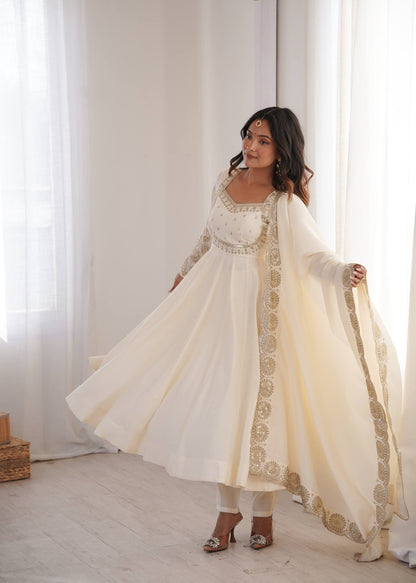 RangBhoomi Designer Anarkali Gown Set with Chanderi Dupatta - Roman Silk, Embroidered Sequins