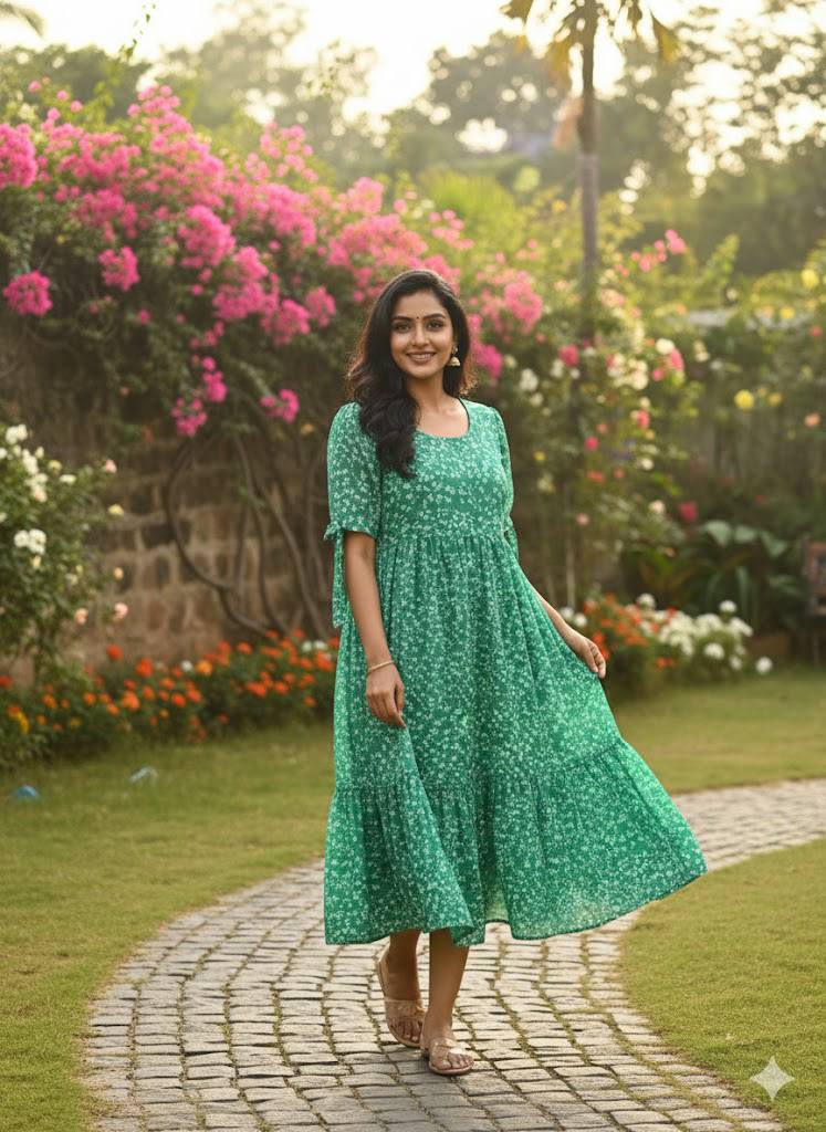 Model wearing a green floral georgette maxi dress with tiered silhouette walking on a stone path.