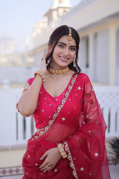 Elegant Three-Piece Traditional Lehenga Choli Set with Dupatta in Pink and Wine
