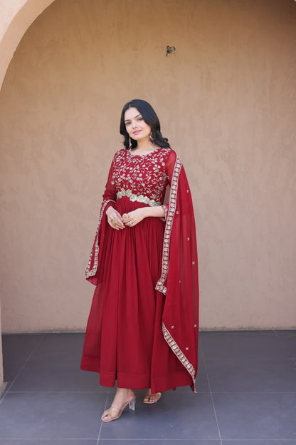 Elegant Gown and Dupatta Set with Embroidered Faux Blooming Fabric by RangBhoomi