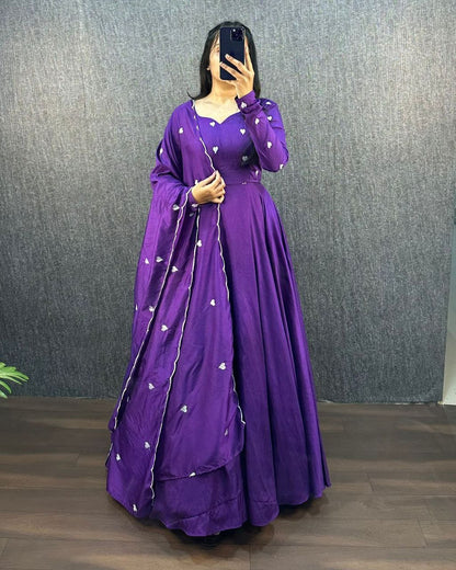 Complete purple Ajrak Heart Gown with dupatta, showcasing the full design.
