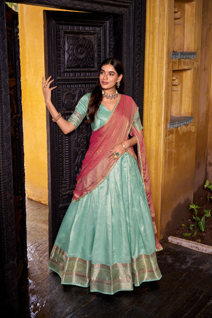 RangBhoomi Luxury Dupion Silk Lehenga Set with Zari Weaving and Shimmering Lace Dupatta