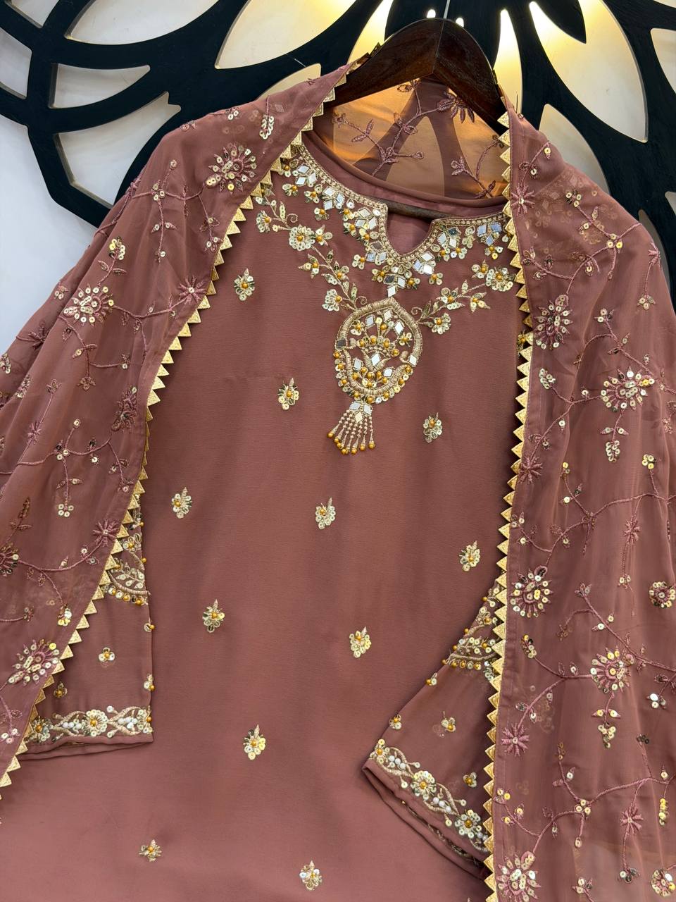 Embroidered Sequined Faux Georgette Top, Bottom, and Dupatta Set – Fully Stitched and Ready to Wear