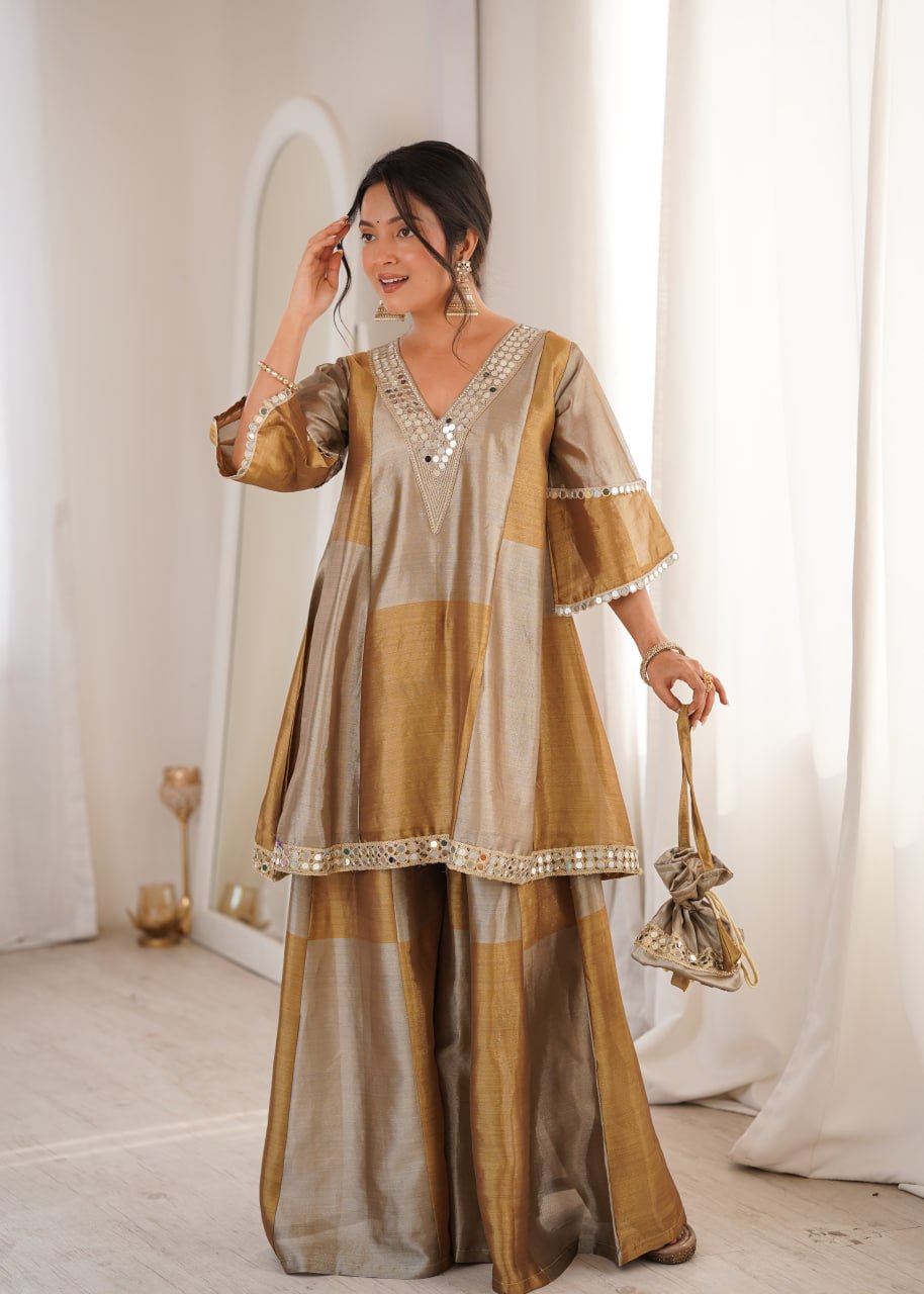 Ready-Made Two-Piece Ensemble with Batwa - Elegant Two-Tone Tissue Fabric with Embroidered and Mirror Work Lace
