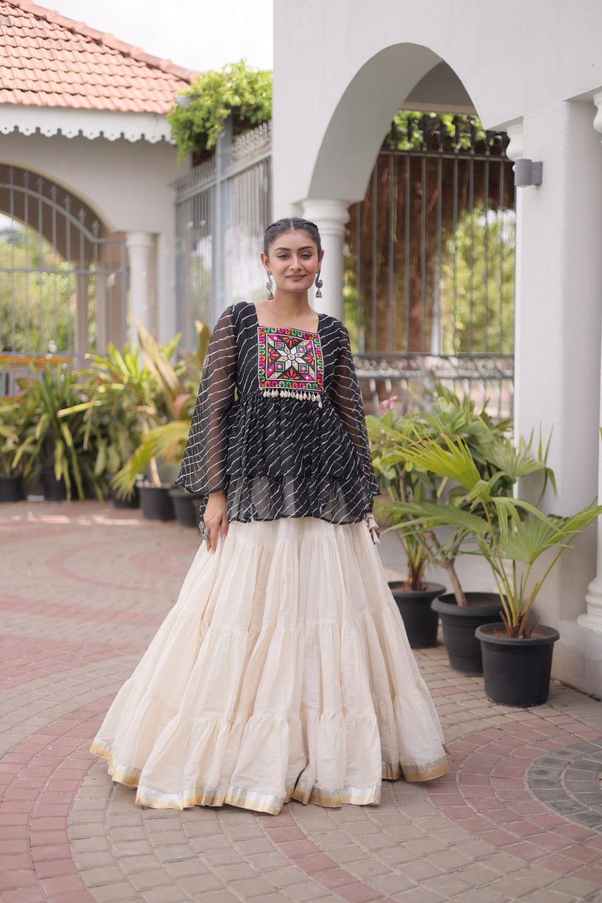 RangBhoomi Navratri Lehenga Choli Set — Kora Cotton Frill with Laheriya Print