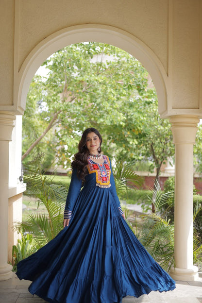 RangBhoomi Navratri Gown Collection 2026 — Wine, Rama & White Embroidered Mirror Work Gown