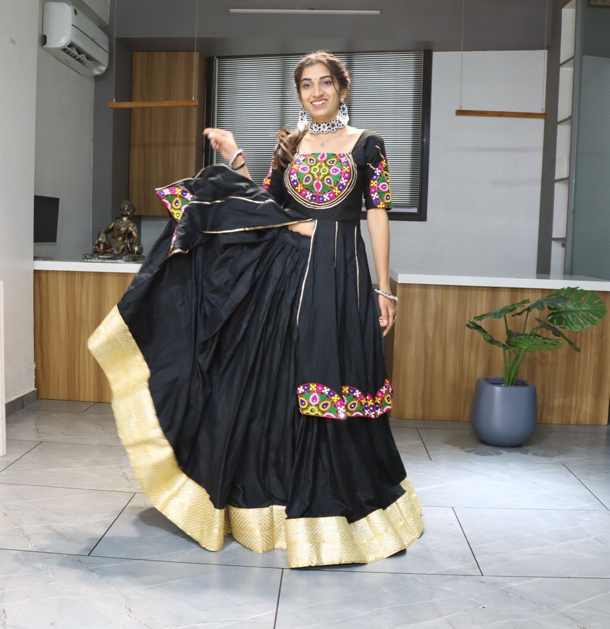 Ethnic Women's Pure Rayon Cotton Lehenga Set with Traditional Mirror and Applique Work