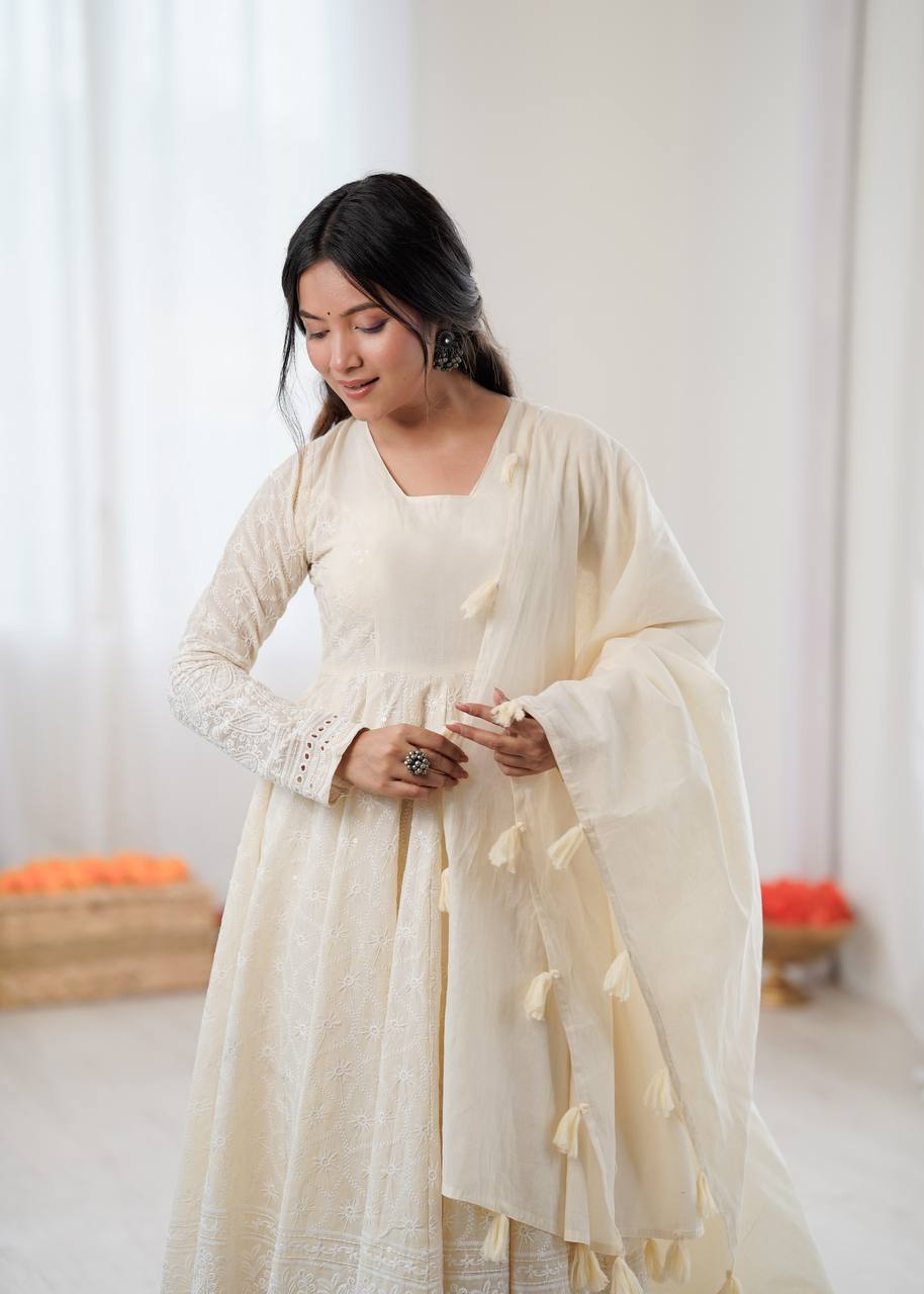 Elegant Anarkali Gown Set with Bottom and Dupatta – Pure Kora Cotton, Fully Stitched, Ready to Wear