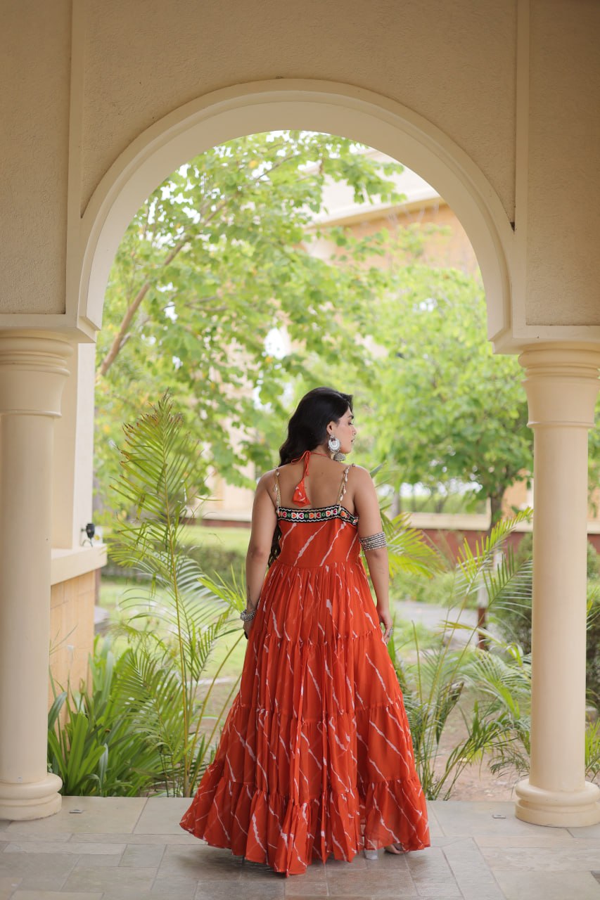 RangBhoomi Navratri Laheriya Patchwork Faux Georgette Gown - Sleeveless 56" Length, L (Adjustable 38-44)