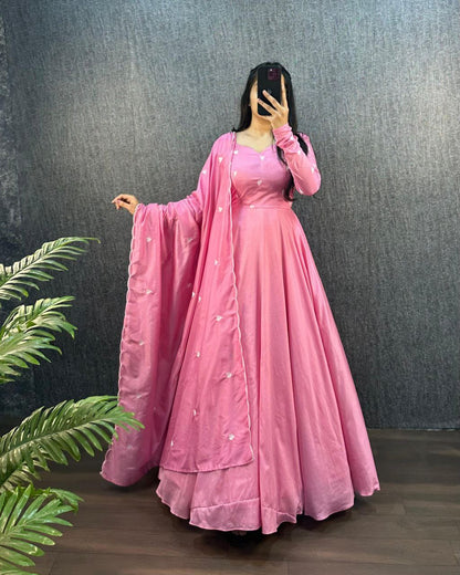 Beautiful pink Ajrak Heart Gown with dupatta; elegant designer gown.