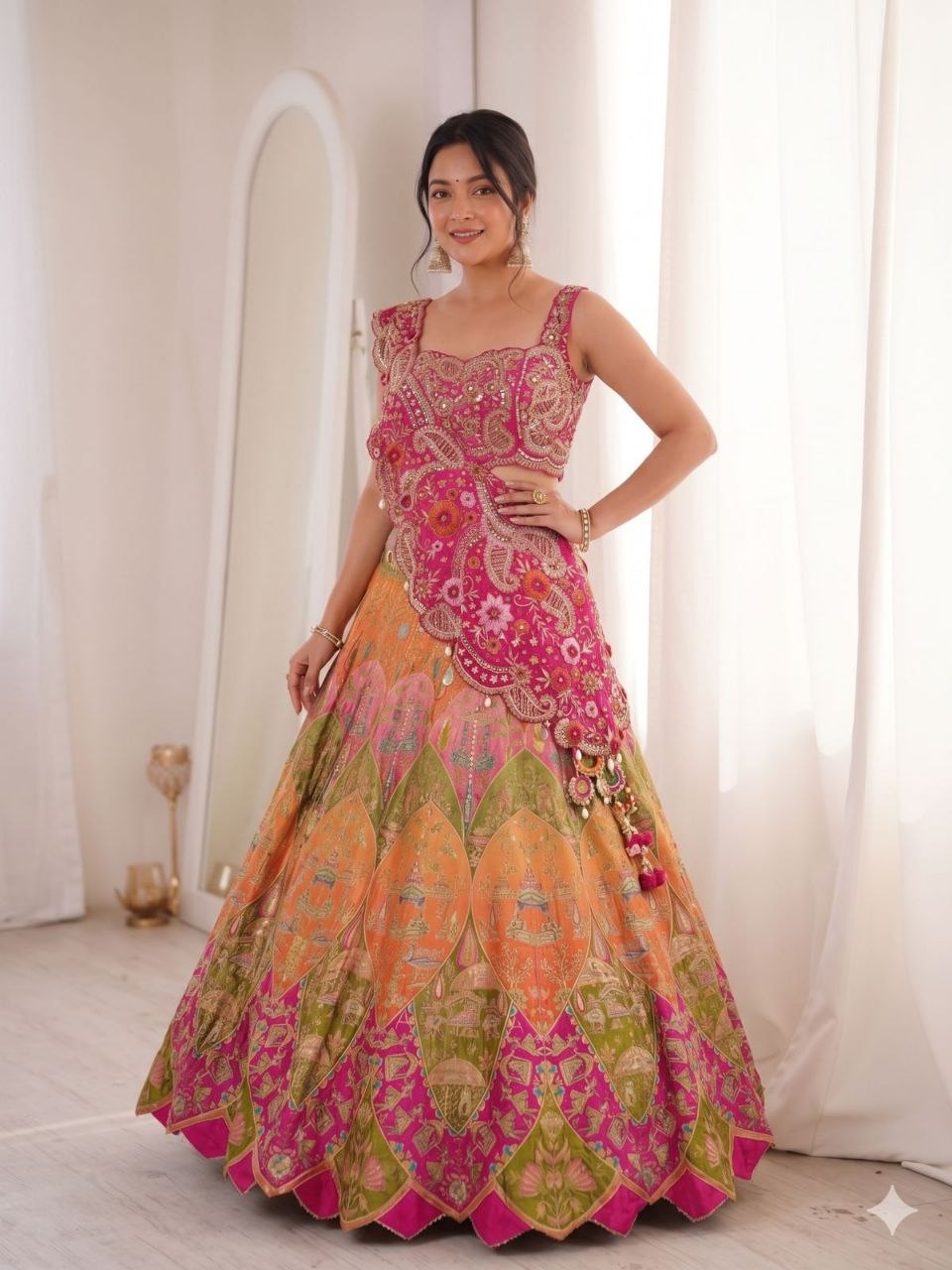 New Super Embroidery Detailed Lehenga Choli Set with Banglori Silk Shrug