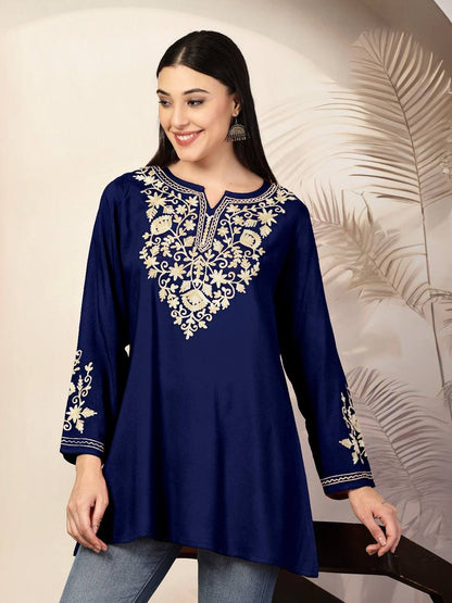 Royal blue Adaa ShortKurti with detailed gold floral embroidery, long sleeves, and a modern short length.