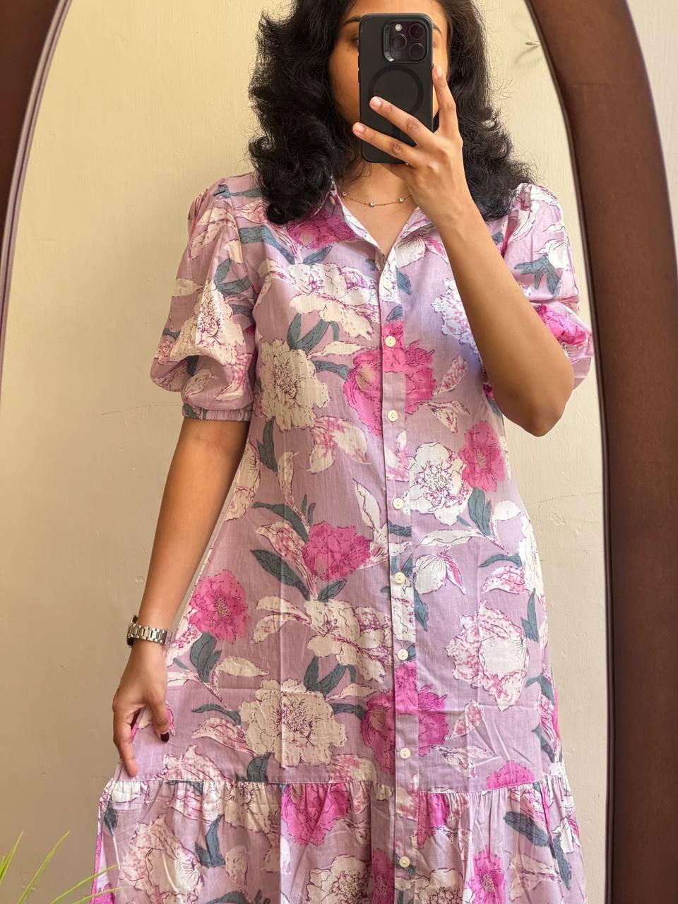 Lilac floral maxi dress with button-down front and short sleeves.